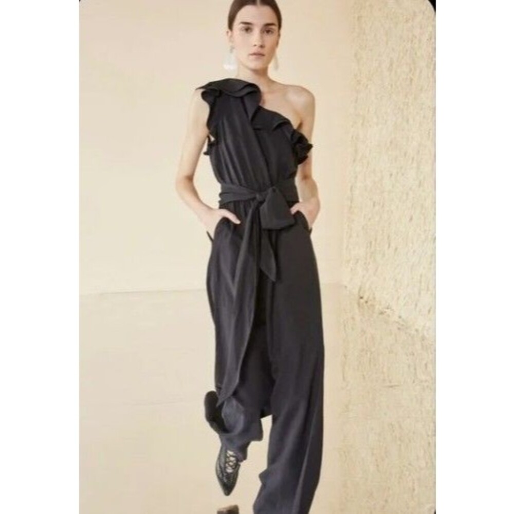Ulla Johnson Demi One Shoulder Ruffle Jumpsuit 8 Black Twill Wide Leg Wedding